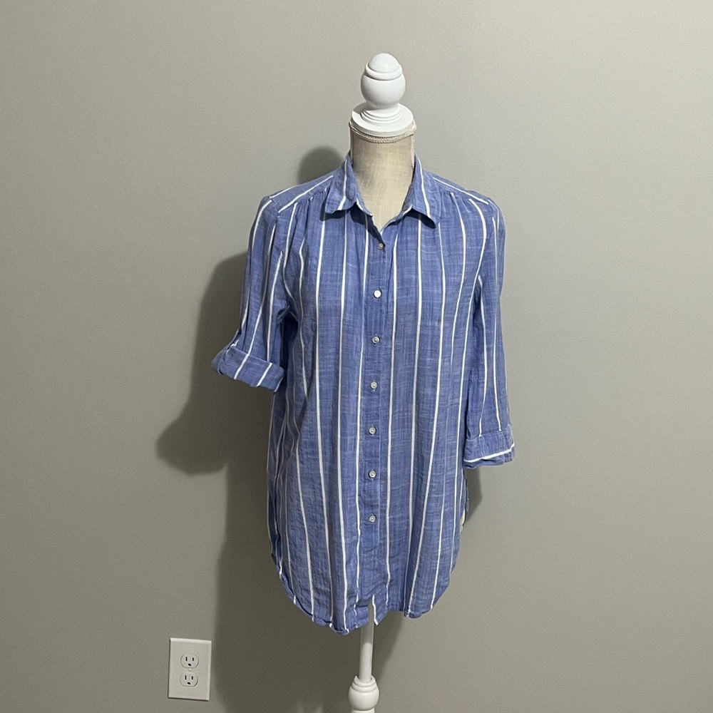 Women Westbound Button-up Blouse Blue W/ White Stripes Small 50%Cotton 50% Rayon